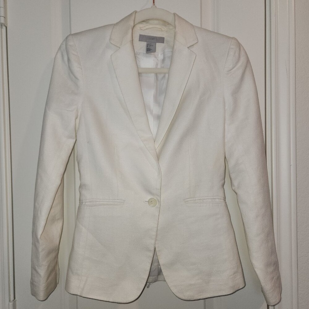🤍 H&M White Linen-Blend Tailored Blazer – Size 2 🤍